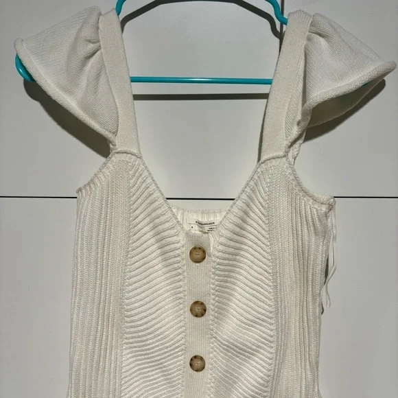Anthropologie Womens Knit Tank Top Small Ribbed Cream Button Flutter Sleeved - Picture 2 of 8